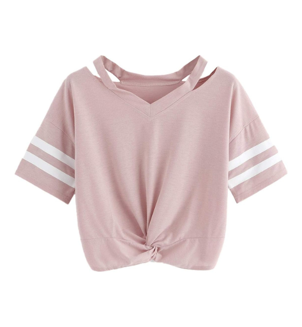 Fleeko Women's Pink V-Neck Short Sleeve T-Shirt with Double Stripe Sleeves and Twist Front Hem