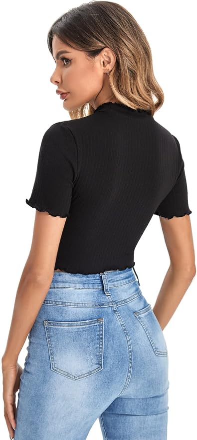 Fleeko Women's Black Ribbed Crop Top with Lettuce Trim, Mock Neck and Short Sleeves