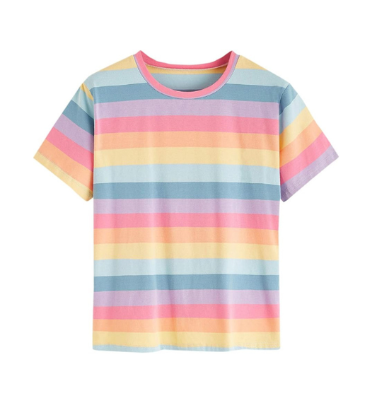 Fleeko Unisex Pastel Rainbow Striped Crew Neck Short Sleeve T-Shirt