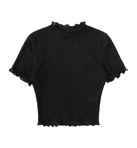 Fleeko Women's Black Ribbed Crop Top with Lettuce Trim, Mock Neck and Short Sleeves
