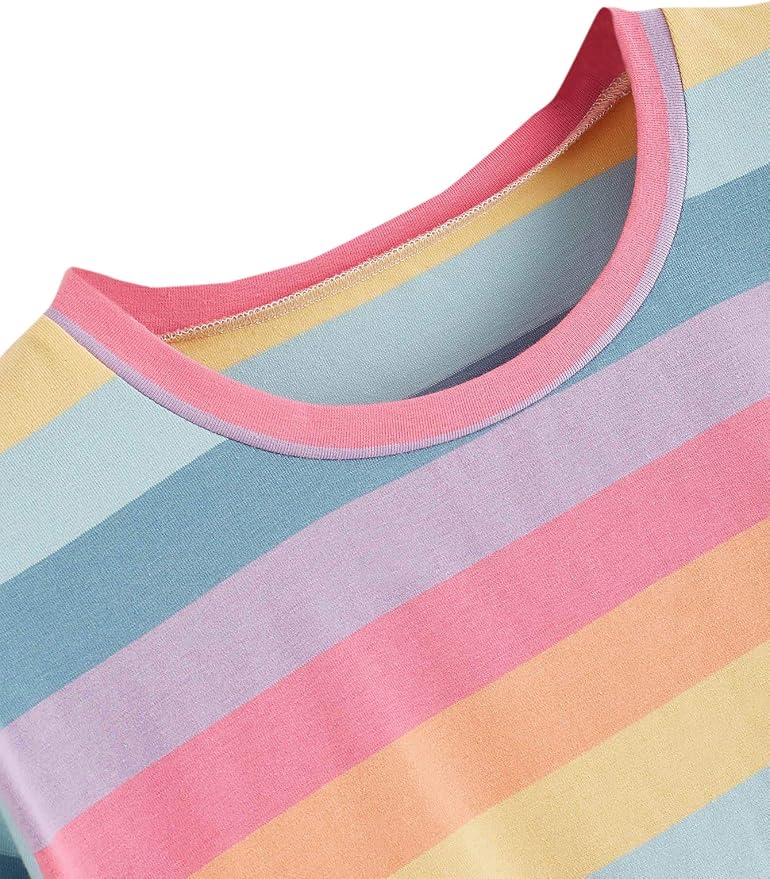 Fleeko Unisex Pastel Rainbow Striped Crew Neck Short Sleeve T-Shirt