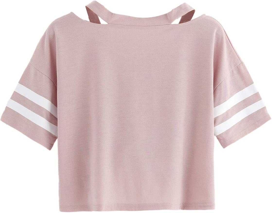 Fleeko Women's Pink V-Neck Short Sleeve T-Shirt with Double Stripe Sleeves and Twist Front Hem