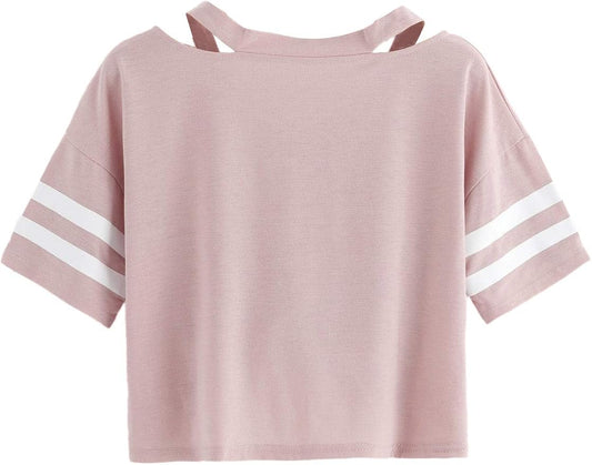 Fleeko Women's Pink V-Neck Short Sleeve T-Shirt with Double Stripe Sleeves and Twist Front Hem