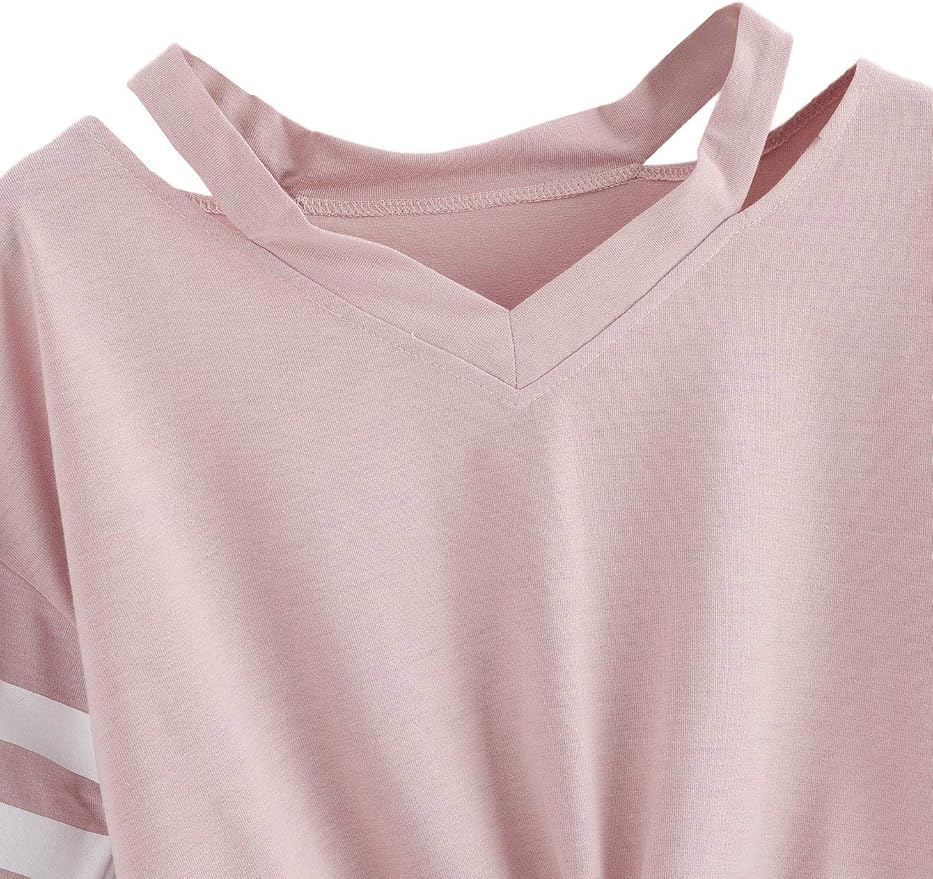 Fleeko Women's Pink V-Neck Short Sleeve T-Shirt with Double Stripe Sleeves and Twist Front Hem